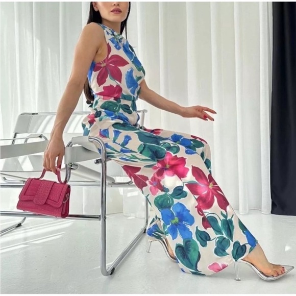 Zara NWT floral satin jumpsuit dress XS